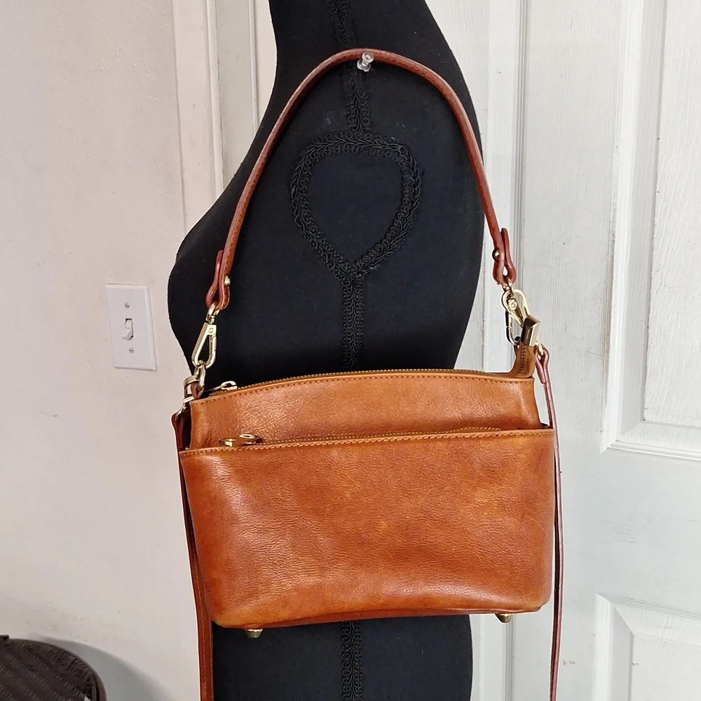 Classic Tan Leather Crossbody Bag with Gold Hardware